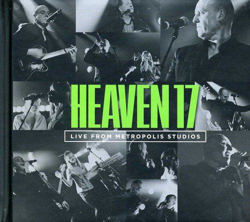 "Heaven 17" album cover with green title and black-and-white band performance images.