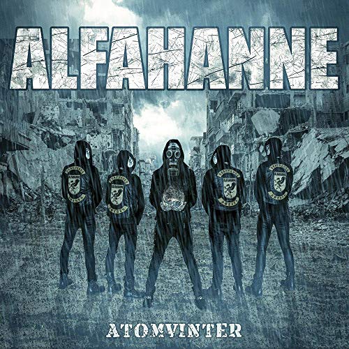Alfahanne album cover: five figures in gas masks before ruins.