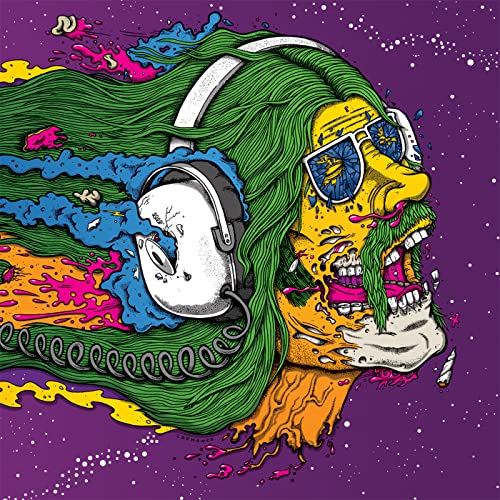 Psychedelic illustration of a face with headphones, melting into colorful waves.