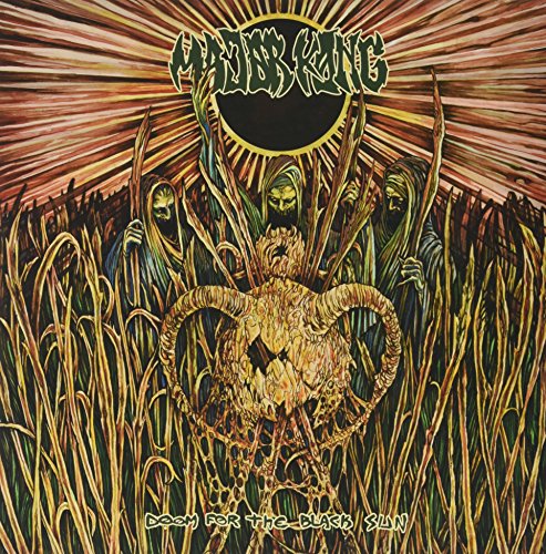 "Album cover art featuring a goat skull surrounded by robed figures in tall grass."