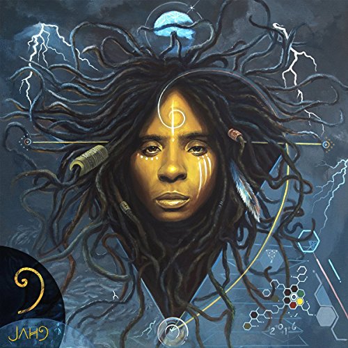 "CD cover art featuring a woman with dreadlocks surrounded by lightning and mystical symbols."
