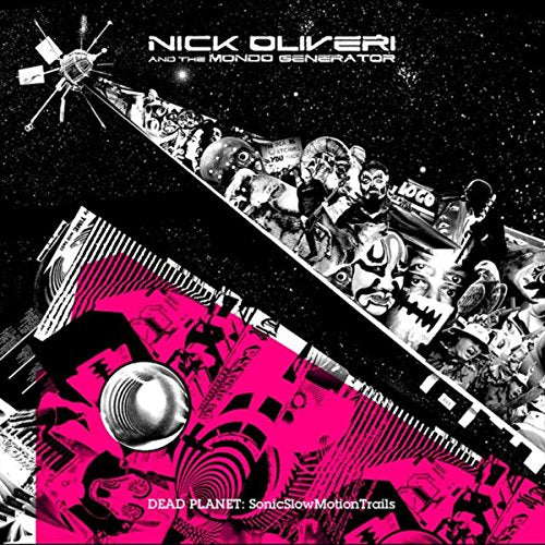CD cover: black background with collage, satellite, and pink geometric shapes.