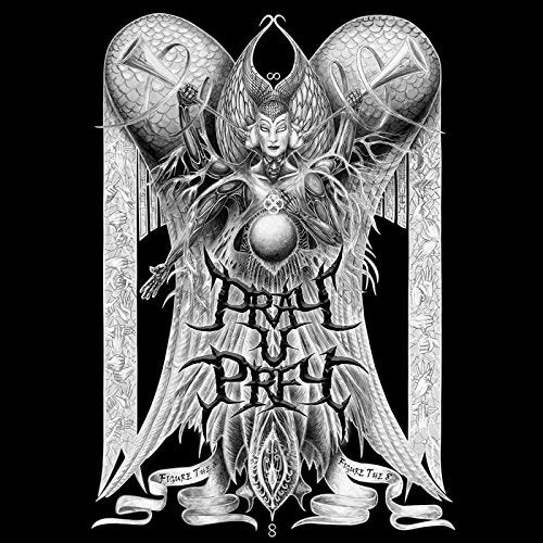 Black and white illustration of a winged figure with ornate details and text.