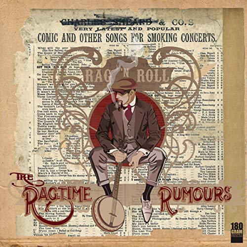 Vinyl album cover featuring a man playing banjo, surrounded by vintage newspaper text.
