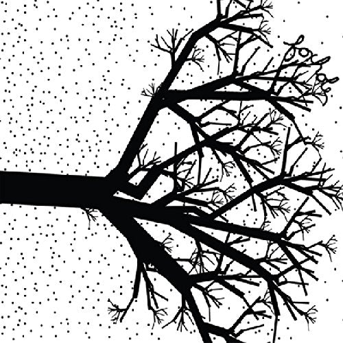 The alt text for the image is: "Black silhouette of a bare tree against a white dotted background."