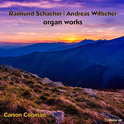 CD cover with mountain sunset and composers' names, "organ works".