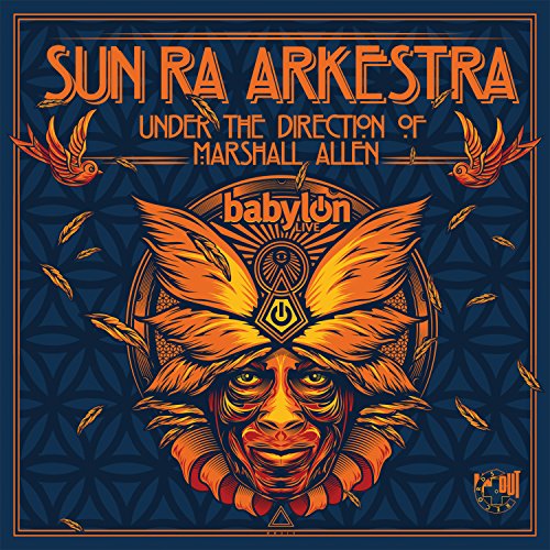 "Album cover with a stylized face and birds, dark blue background, orange text and graphics."