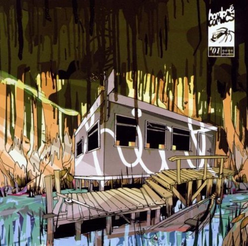 "CD cover art featuring a portacabin on a wooden platform in a cave."