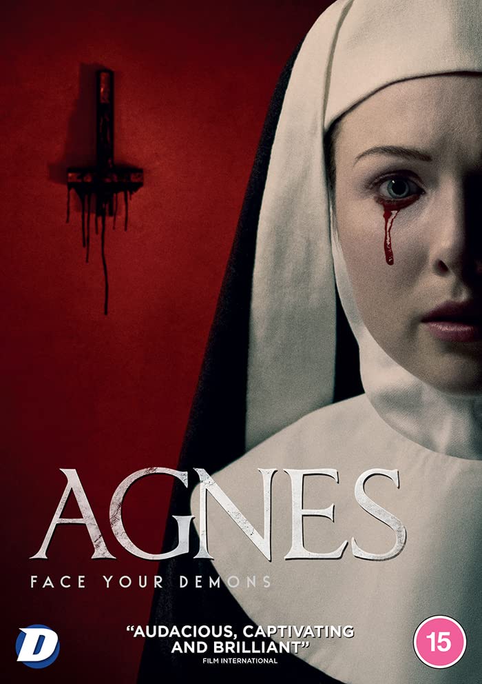 DVD cover for horror film "Agnes" featuring a nun with bleeding eyes.