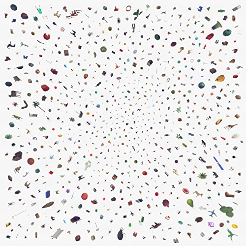 Album cover: dense, colorful collage of small objects on white background.