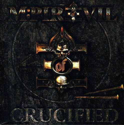 "Album cover with a cross and skull on a dark, grungy background."