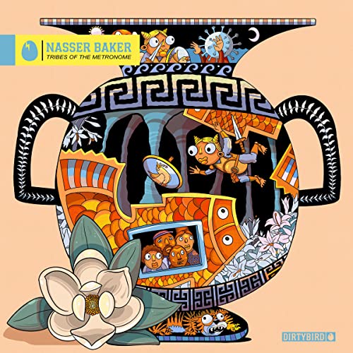 Illustrated Greek-style vaseCS vase with surreal characters and a white flower in foreground.