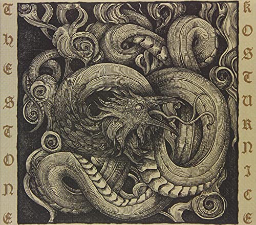 Intricate black and white engraving of a dragon with text borders.
