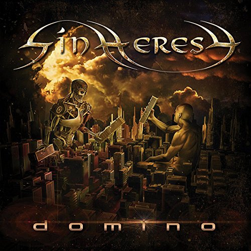 CD cover for Sinheresy’s “Domino” depicts a dystopian cityscape and figures.