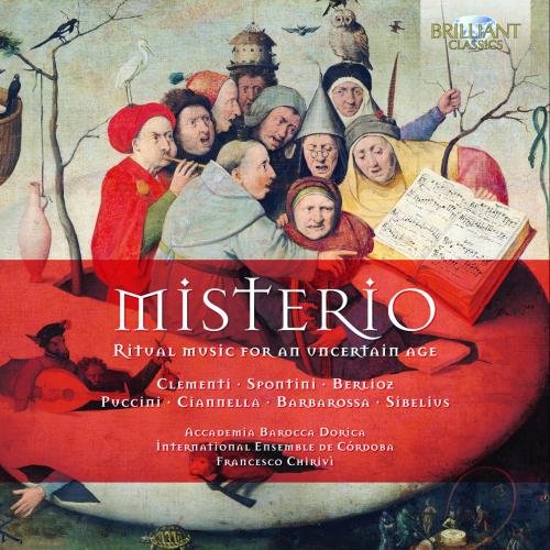 "CD cover with medieval painting of people and red banner with white text."