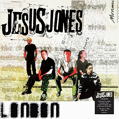 Album cover for Jesus Jones’ “London” featuring the band and map background.