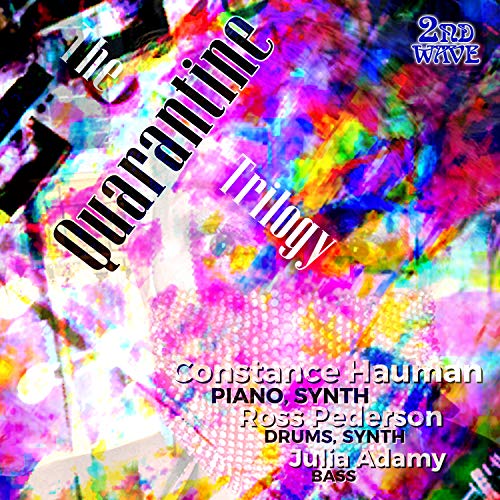 "Album cover with abstract, multicolored background and text 'The Quarantine Trilogy' and artist names."