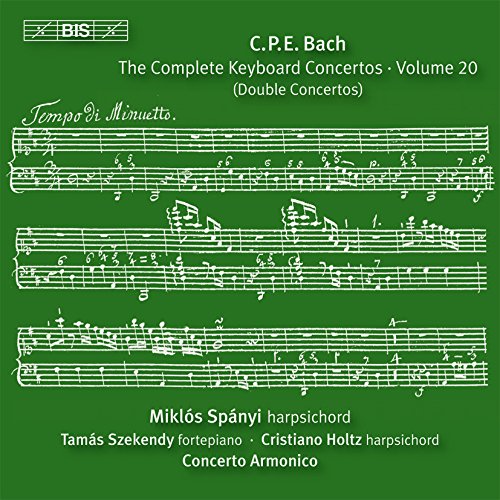 Green CD cover with white musical notes and text, featuring C.P.E. Bach's concertos.