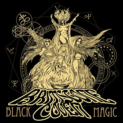 "Album cover art with three witches illustration, occult symbols, and 'Black Magic' text on black background."
