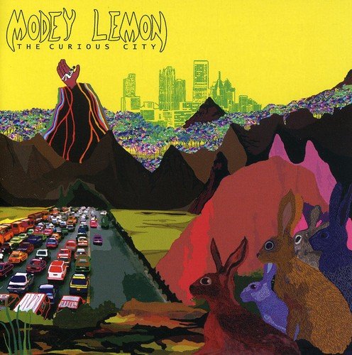 "Album cover art with rabbits and cityscape, featuring 'Modey Lemon' and 'The Curious City'."