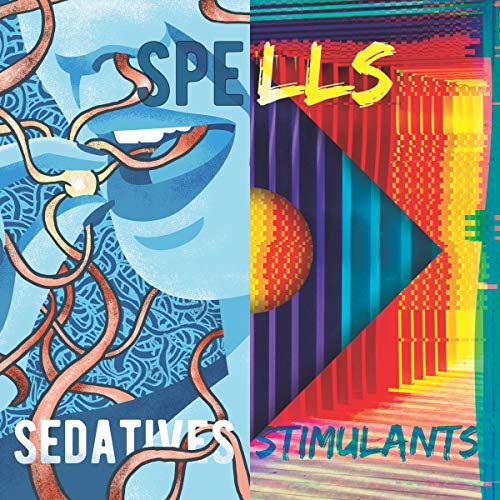 Album cover for Spells - Sedatives/Stimulants, split blue and orange design.