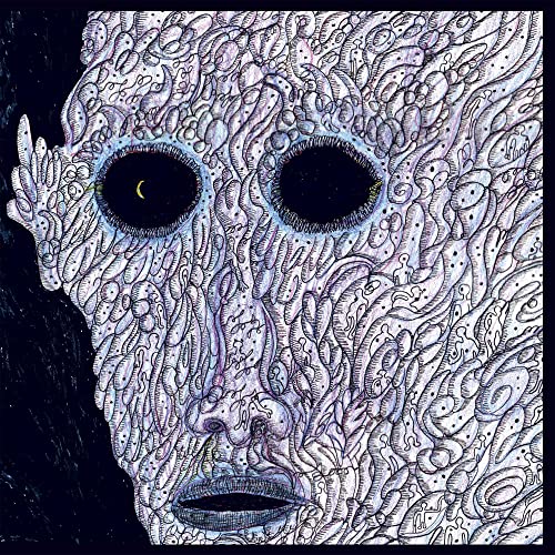 Intricate, swirling face illustration with dark eye sockets and a crescent moon.
