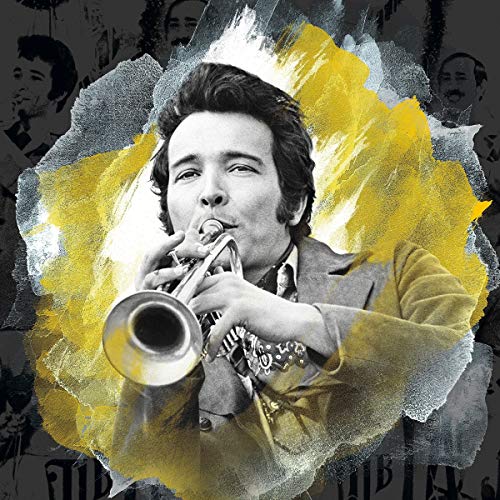 Herb Alpert playing a trumpet, black and white with yellow paint splashes.