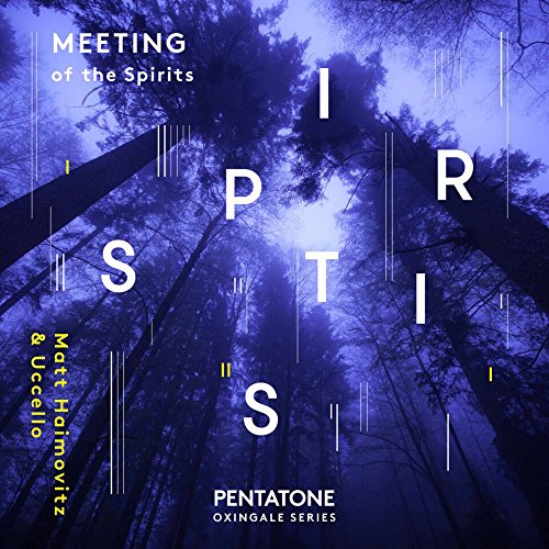 "Album cover with 'SPIRITS' text over a blue-toned forest scene, featuring Matt Haimovitz and Uccello."