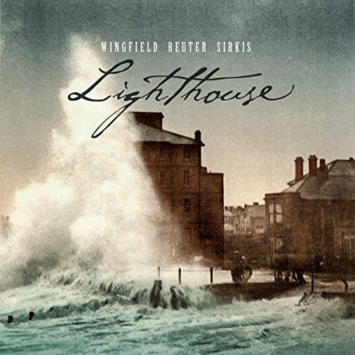 "Album cover with vintage-style image of a lighthouse and crashing waves."