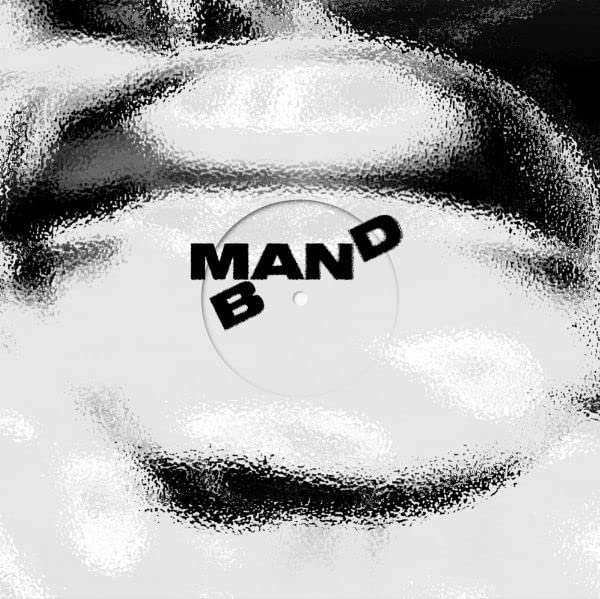 Black and white abstract image with text āMAN BANDā over a circle.