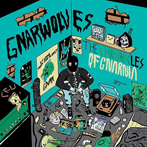 "Album cover art featuring a cartoon man surrounded by music gear and posters."