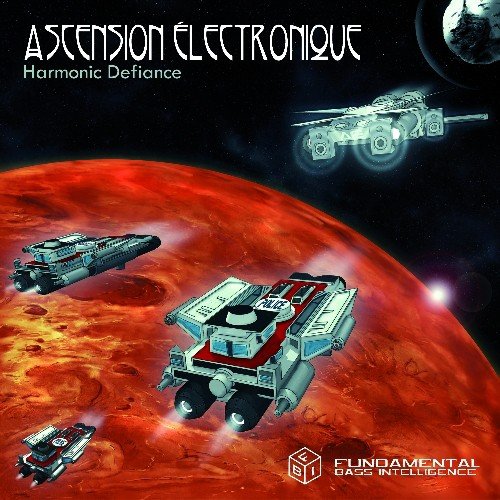 CD cover: spaceships over a red planet, text "Harmonic Defiance".