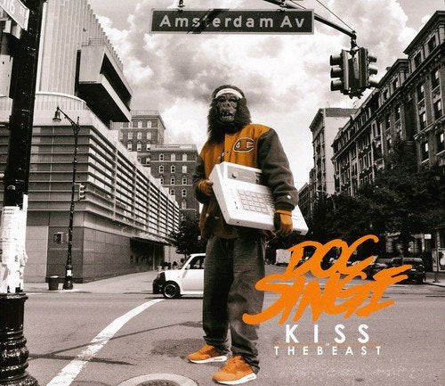 "Album cover with a monkey holding a laptop on a city street."