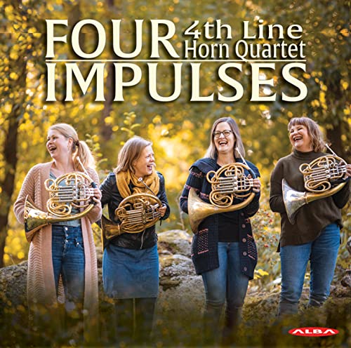 CD cover featuring four women playing French horns in a forest.