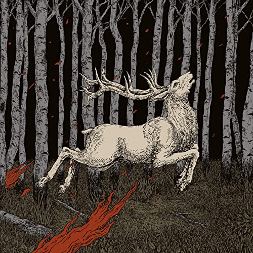 Illustration of a leaping stag in a dark birch forest with red accents.