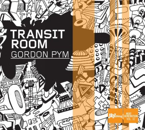 "Album cover with abstract black, white, and orange patterns and text 'Transit Room Gordon Pym'."