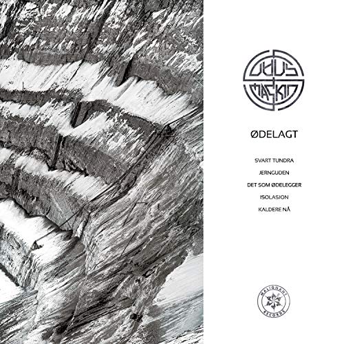 Vinyl record cover with a grayscale image of a rocky, mountainous landscape.
