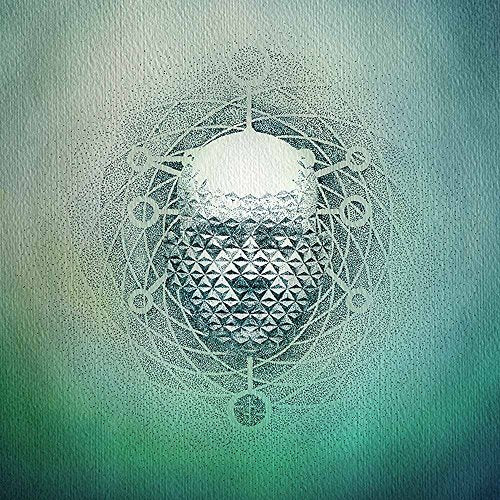 A green gradient background with a silver, textured sphere surrounded by a geometric design.