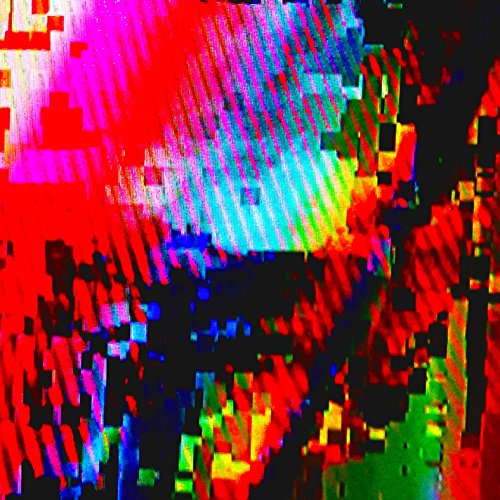 Abstract, pixelated image with bright red, blue, and green colors.