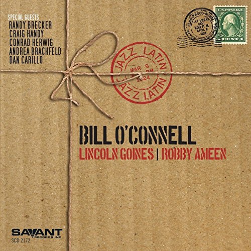 Brown cardboard album cover with twine, stamps, and text "Bill O'Connell Jazz Latin".