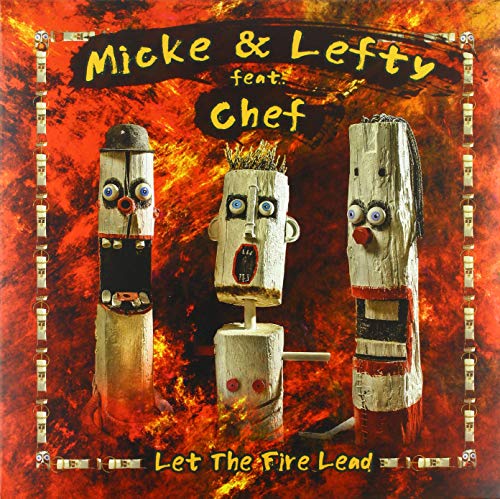 Vinyl album cover featuring three wooden figures against a fiery red and orange background.