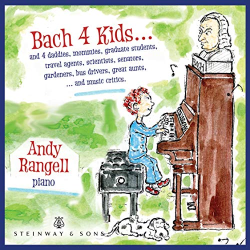 "CD cover art featuring a child playing piano with Bach's image on the piano."