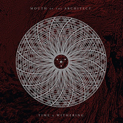 "Album cover with white geometric pattern on dark red background, titled 'Time & Withering'."
