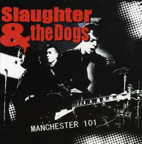 "Slaughter & the Dogs album cover with band performing live in black and white."