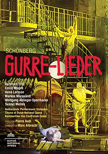 DVD cover for "Gurre-Lieder" with red title, yellow-tinted opera scene, and performer list.