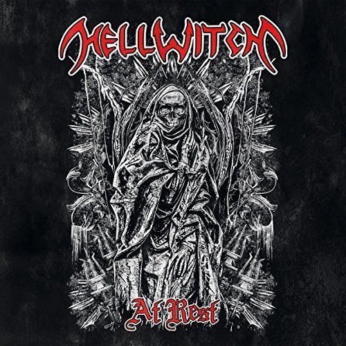 Black album cover with red text and a central skeleton illustration.