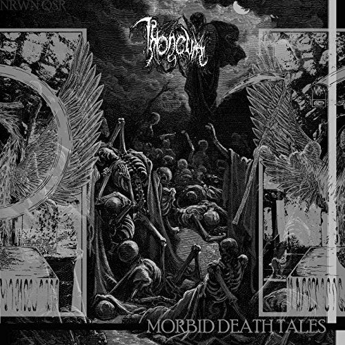 Dark album cover with skeletal figures, a cloaked figure, and birds.