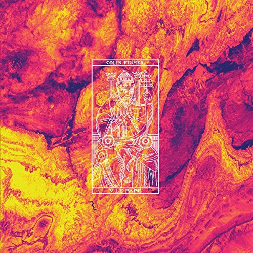 The image is a vinyl album cover featuring a tarot card design. Alt text: "Vinyl album cover with tarot card illustration on marbled red and yellow background."