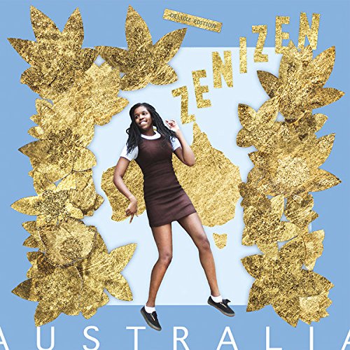 "Vinyl album cover featuring a woman surrounded by gold leaves on a blue background."