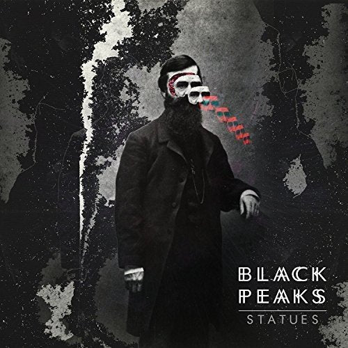 "Album cover with a man in a coat and skull mask, grunge background."